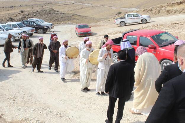The Yazidi clerics (Qawwalin) arrive at Mam Rashan for a religious blessing ceremony for the start of restoration work, 2020.